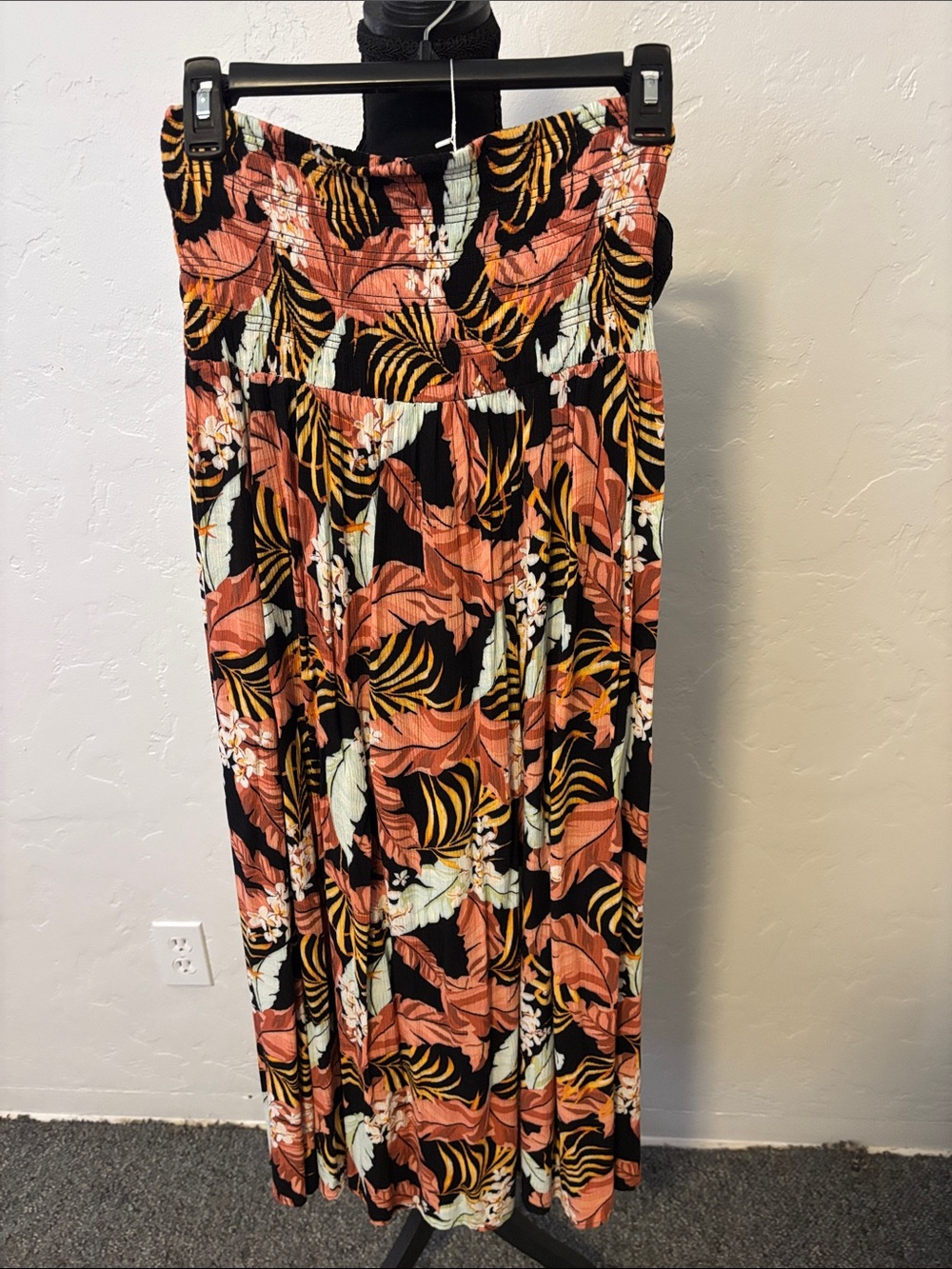 Rip Curl Black Maxi Skirt with Coral and Yellow Leaf Print